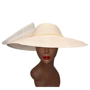 Ivory Wide Brim Derby Church Wedding Tea Party Easter Hat Pearl Flower Bow